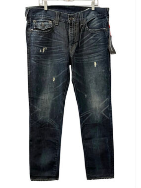 True Religion NWT Geno Slim Jeans Men's Size 36 Distressed Dark Wash Flap Pocket